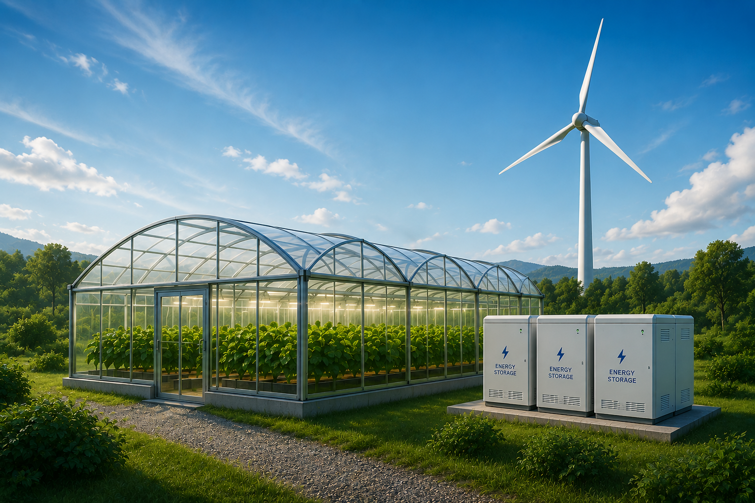 Wind-powered greenhouse installation with battery storage