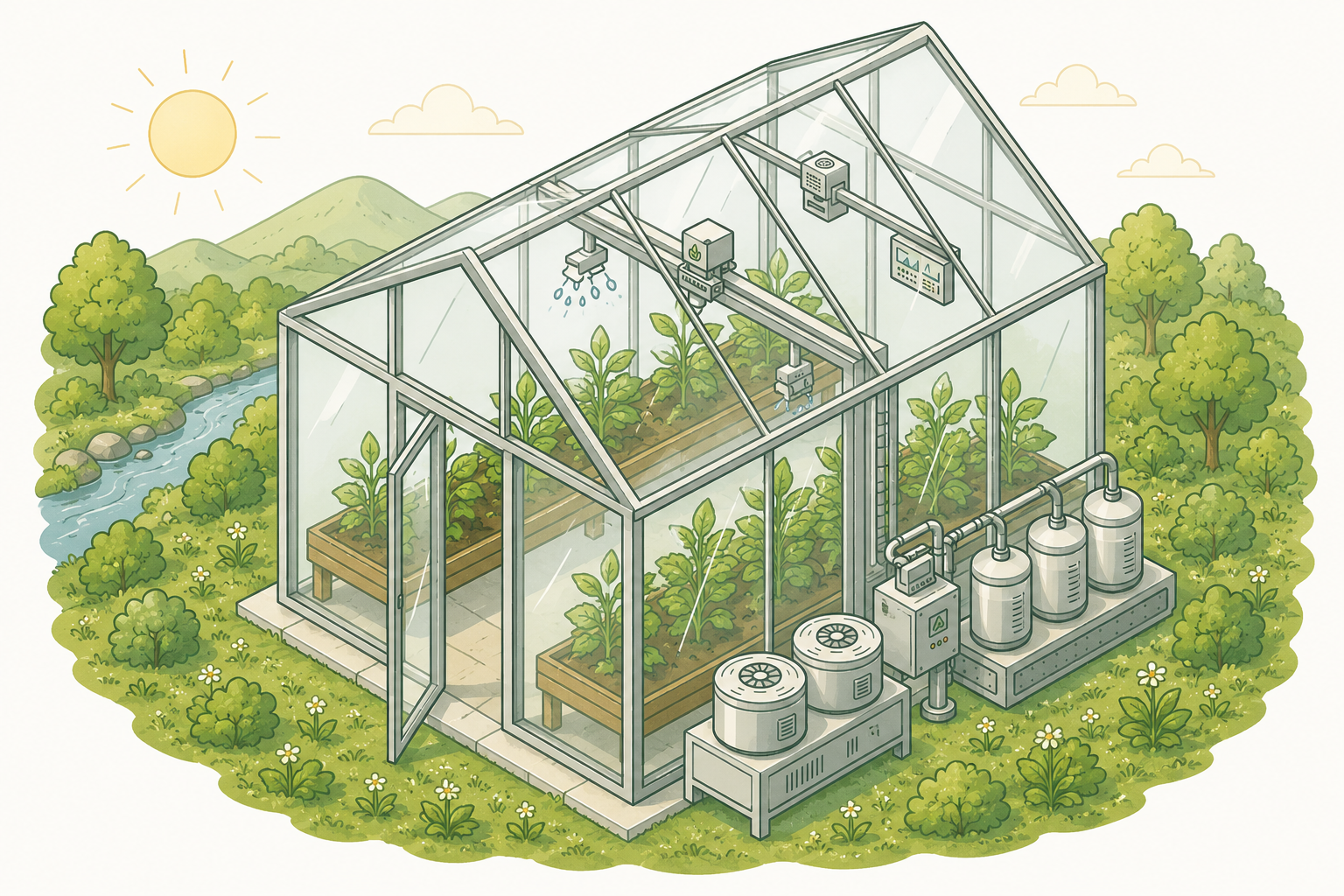 Intelligent greenhouse control illustration with sensors and automation