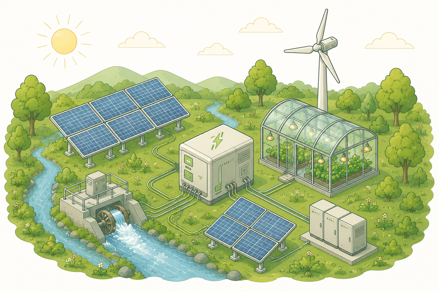 Illustration showing renewable generation connected to central energy storage