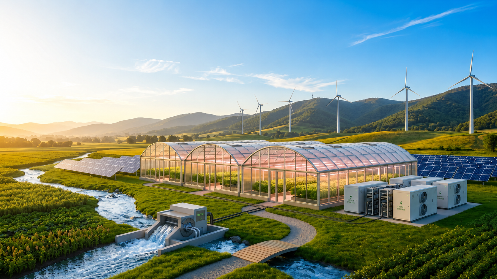 Scenic agricultural landscape with modern greenhouse at golden hour