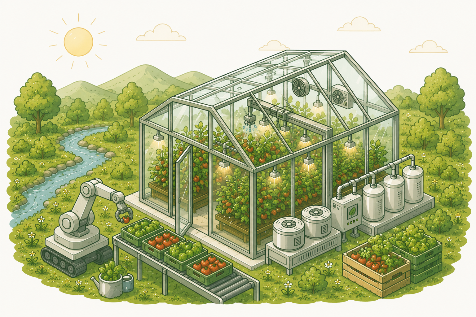 Illustration of automated continuous harvest greenhouse operations