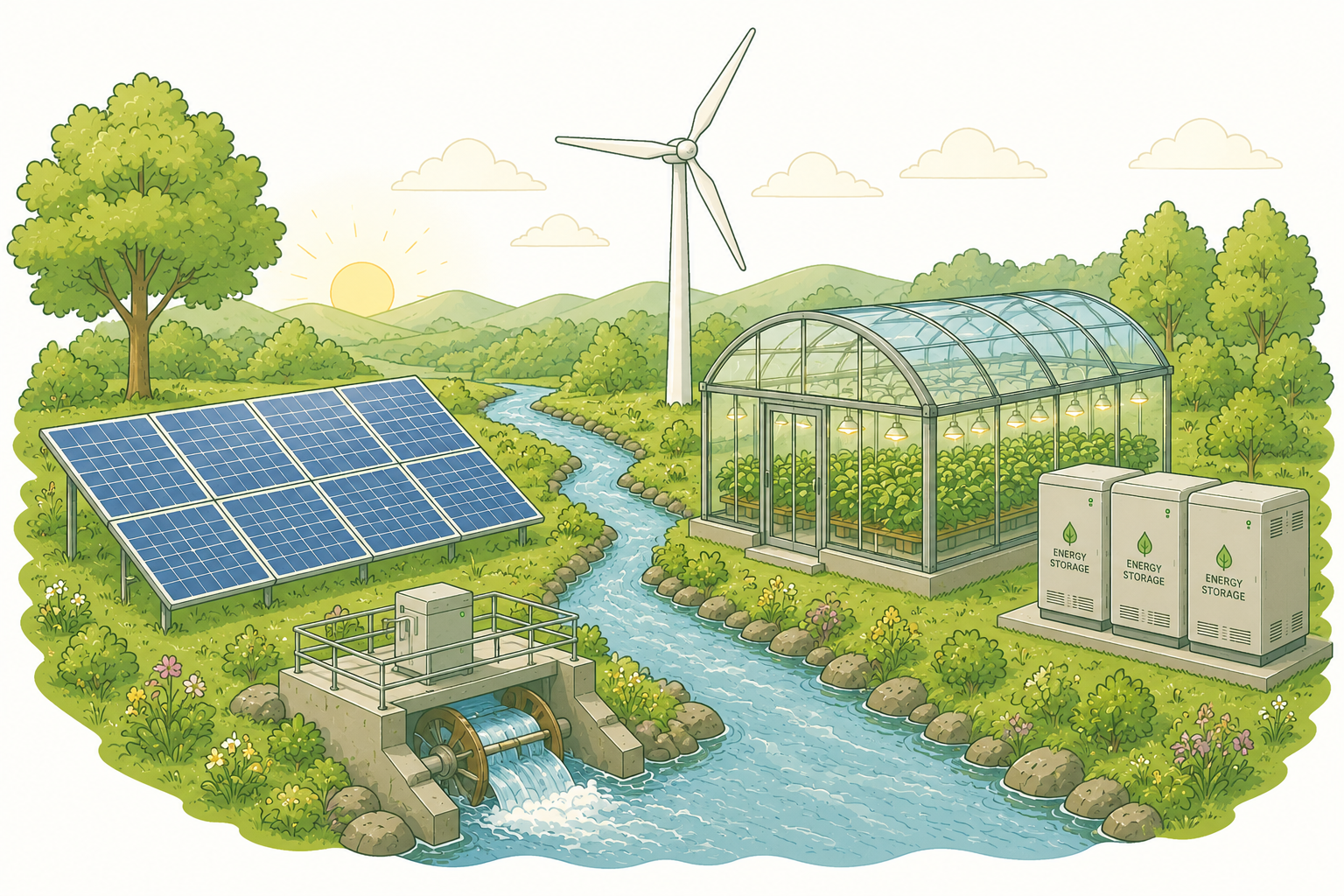 Illustration of solar, wind, hydro, battery storage and greenhouse infrastructure