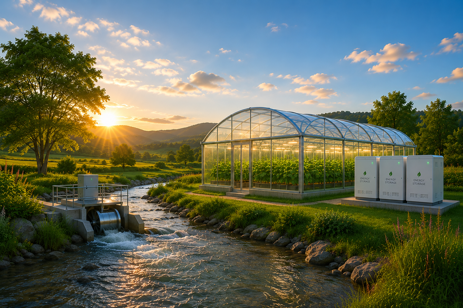 Small-scale hydroelectric turbine generating clean energy alongside a modern greenhouse with energy storage systems